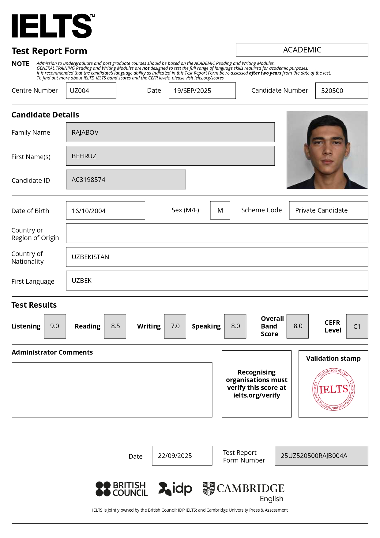 IELTS Test Report Form